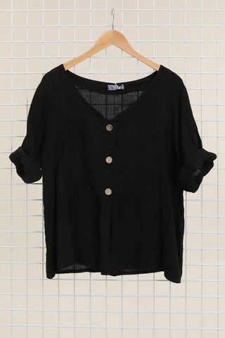 Black Linen Three Button Shirt