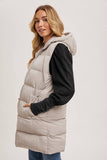 Longline Hooded Puffer Vest in Beige