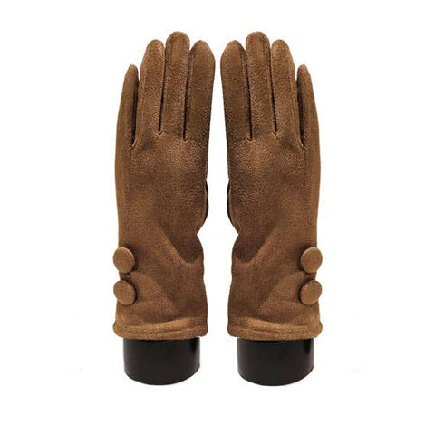 Suede Feel Brown Texting Gloves with 2 Large Buttons