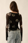 Mesh Floral Print Raglan Sleeve Henley Top