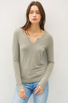 Soft Basic Split Neck Long Sleeve Knit Tee in Ivory