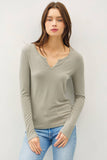 Soft Basic Split Neck Long Sleeve Knit Tee in Ivory