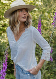 3/4 Sleeve V-Neck Button Down Blouse in Vanilla