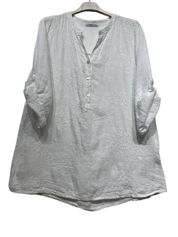 Linen Shirt with Sequin Flowers in White