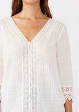 3/4 Sleeve V-Neck Button Down Blouse in Vanilla