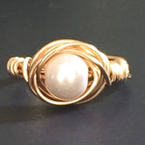 Cream Glass Pearl Gold Wire Wrapped Ring