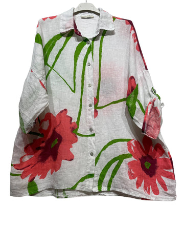 Linen Shirt with Flowers in White