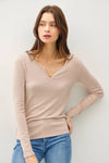 Soft Basic Split Neck Long Sleeve Knit Tee in Ivory